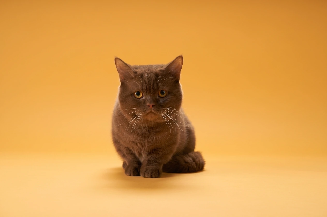 A brown cat sitting on a yellow studio backdrop